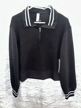 Women's Black Quarter-Zip Crew Sweater with White Stripe Trim